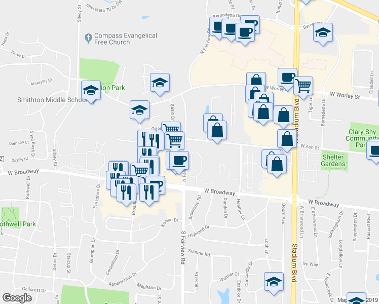 map of restaurants, bars, coffee shops, grocery stores, and more near 2801 West Broadway in Columbia