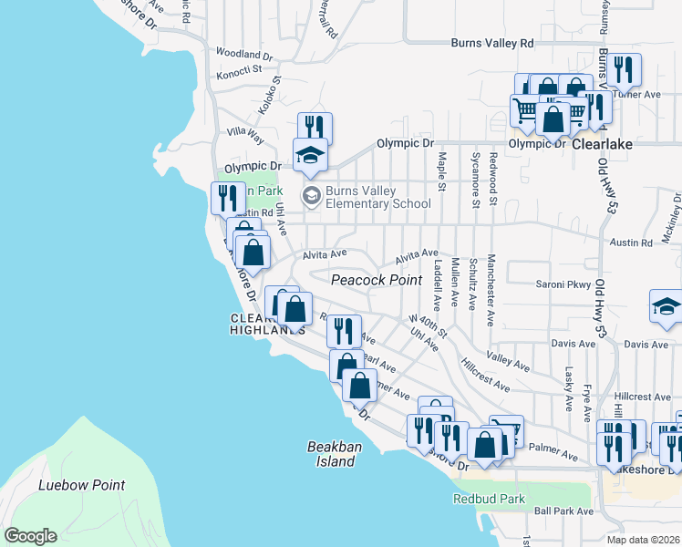 map of restaurants, bars, coffee shops, grocery stores, and more near 14216 Ridge Road in Clearlake