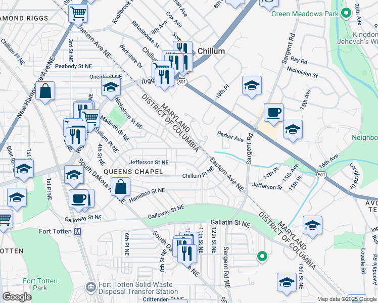 map of restaurants, bars, coffee shops, grocery stores, and more near 825 Kennedy Street Northeast in Washington