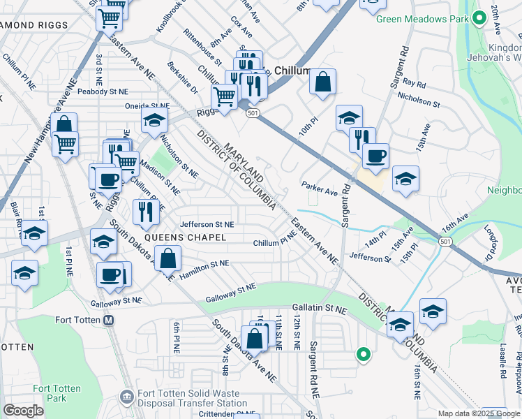 map of restaurants, bars, coffee shops, grocery stores, and more near 823 Kennedy Street Northeast in Washington
