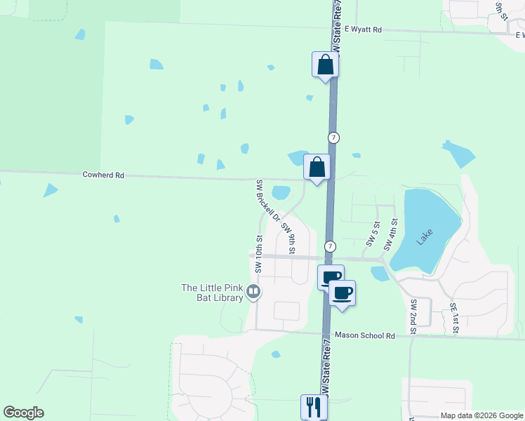 map of restaurants, bars, coffee shops, grocery stores, and more near 25803 Cowherd Road in Lee's Summit