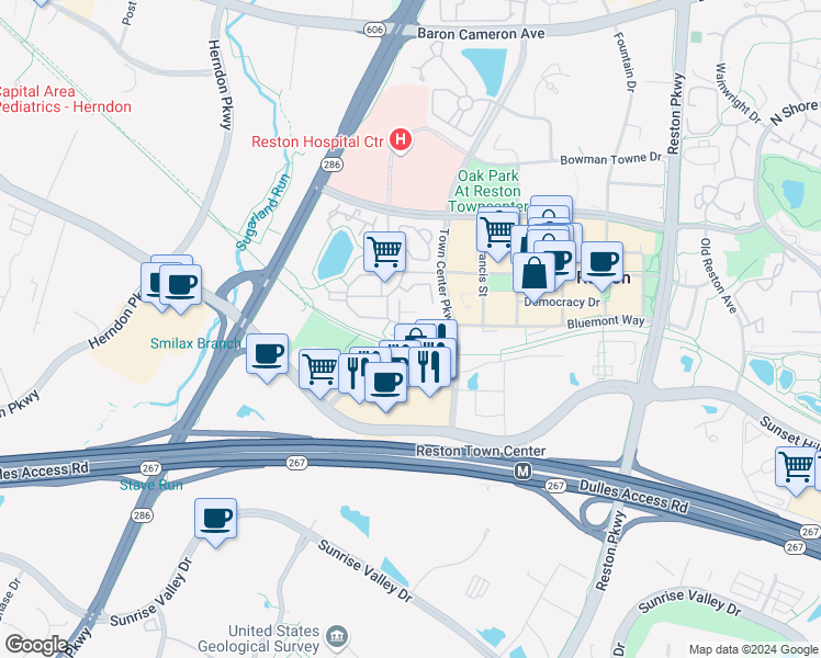 map of restaurants, bars, coffee shops, grocery stores, and more near 1930 Crescent Park Drive in Reston