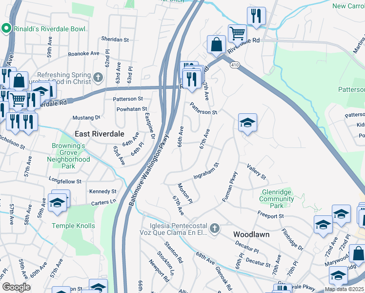 map of restaurants, bars, coffee shops, grocery stores, and more near 5719 66th Avenue in East Riverdale