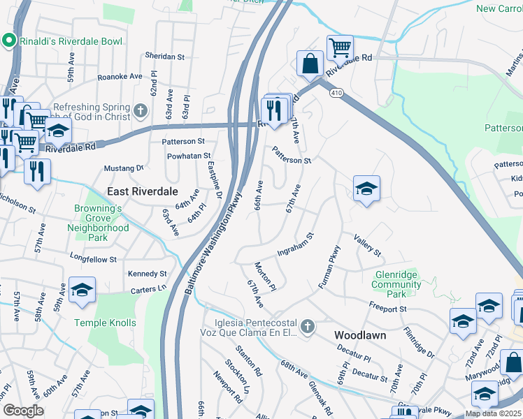map of restaurants, bars, coffee shops, grocery stores, and more near 5719 66th Avenue in East Riverdale