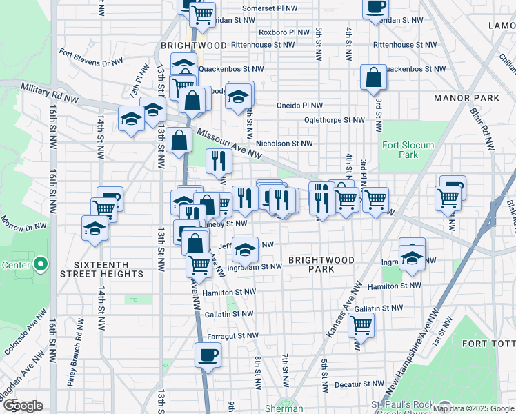 map of restaurants, bars, coffee shops, grocery stores, and more near 738 Longfellow Street Northwest in Washington