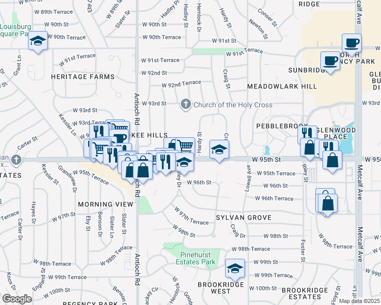 map of restaurants, bars, coffee shops, grocery stores, and more near 9425 Hadley Street in Overland Park