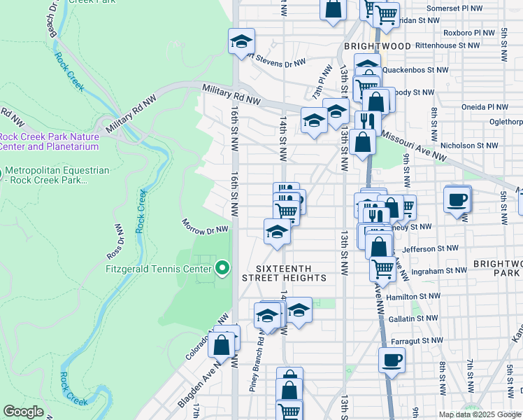 map of restaurants, bars, coffee shops, grocery stores, and more near 1424 Longfellow Street Northwest in Washington