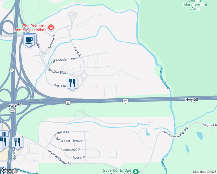 map of restaurants, bars, coffee shops, grocery stores, and more near 5061 Howerton Way in Bowie