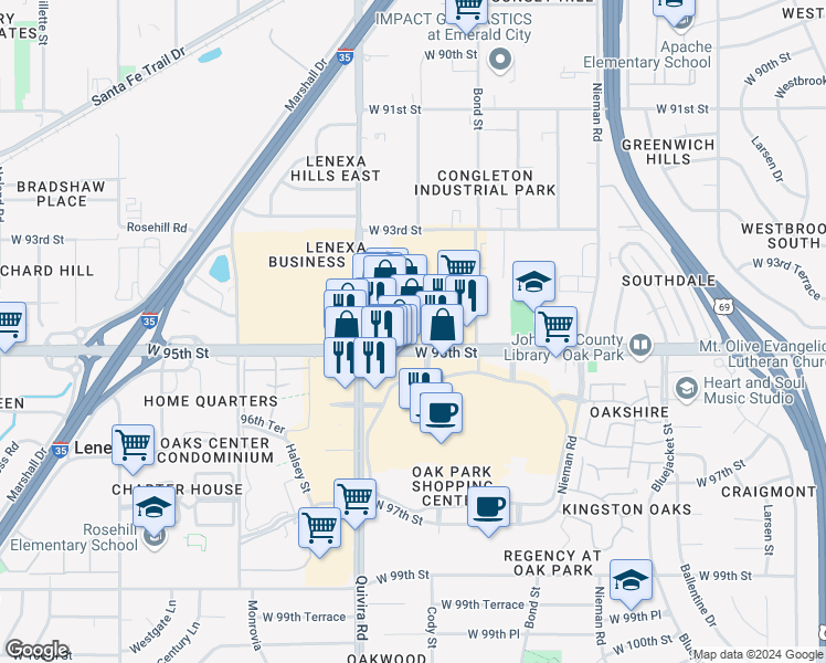 map of restaurants, bars, coffee shops, grocery stores, and more near 11788 West 95th Street in Overland Park