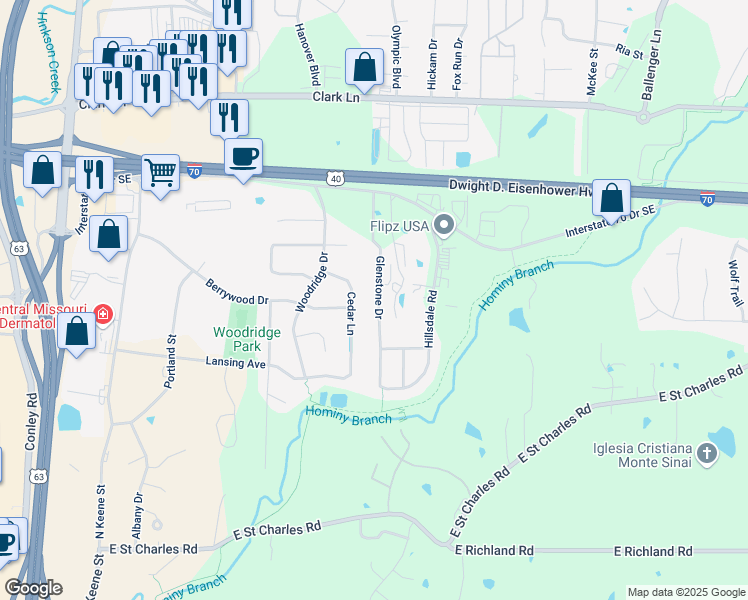 map of restaurants, bars, coffee shops, grocery stores, and more near 603 Glenstone Drive in Columbia