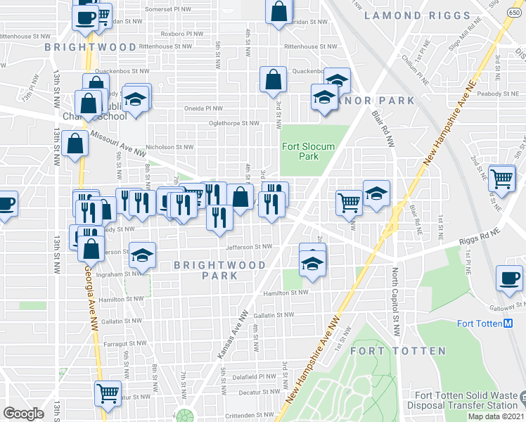 map of restaurants, bars, coffee shops, grocery stores, and more near 326 Missouri Avenue Northwest in Washington