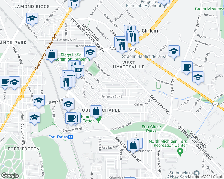 map of restaurants, bars, coffee shops, grocery stores, and more near 715 Kennedy Street Northeast in Washington