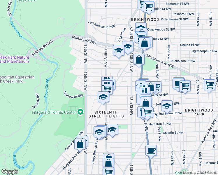 map of restaurants, bars, coffee shops, grocery stores, and more near 1352 Longfellow Street Northwest in Washington