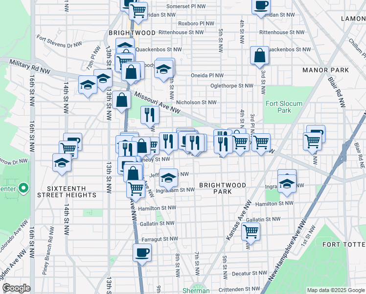 map of restaurants, bars, coffee shops, grocery stores, and more near 734 Longfellow Street Northwest in Washington