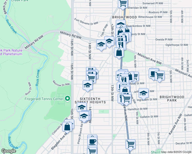 map of restaurants, bars, coffee shops, grocery stores, and more near 1352 Longfellow Street Northwest in Washington