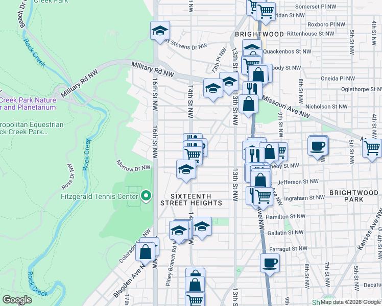 map of restaurants, bars, coffee shops, grocery stores, and more near 1400 Longfellow Street Northwest in Washington