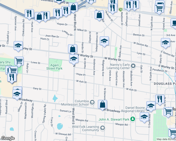 map of restaurants, bars, coffee shops, grocery stores, and more near 808 Broadhead Street in Columbia