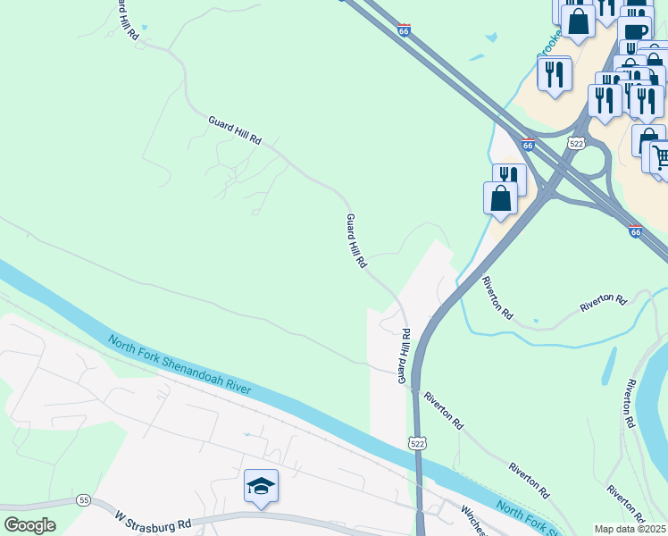 map of restaurants, bars, coffee shops, grocery stores, and more near 3840 Guard Hill Road in Front Royal
