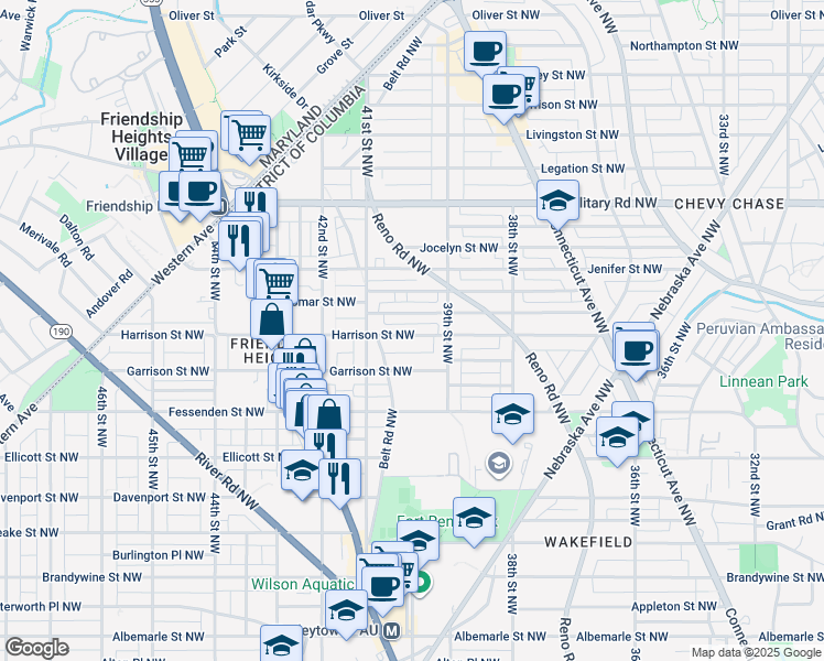 map of restaurants, bars, coffee shops, grocery stores, and more near 3951 Harrison Street Northwest in Washington