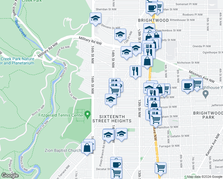 map of restaurants, bars, coffee shops, grocery stores, and more near 1400 Longfellow Street Northwest in Washington