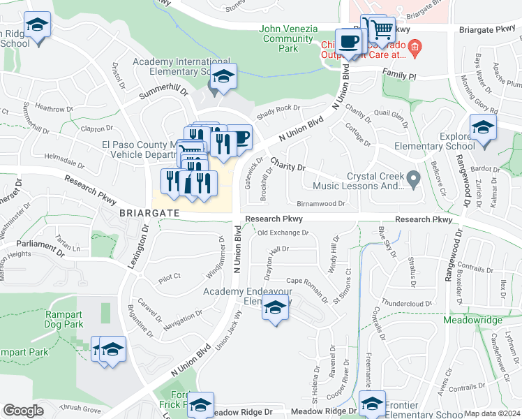 map of restaurants, bars, coffee shops, grocery stores, and more near 8458 Winncrest Lane in Colorado Springs