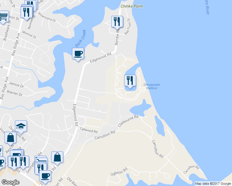 map of restaurants, bars, coffee shops, grocery stores, and more near 2154 Chesapeake Harbour Drive in Annapolis