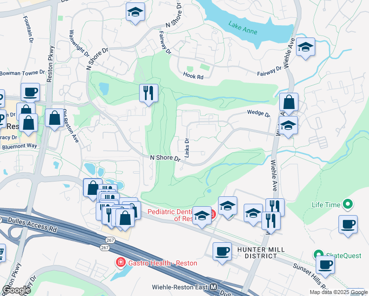 map of restaurants, bars, coffee shops, grocery stores, and more near 11566 Links Drive in Reston