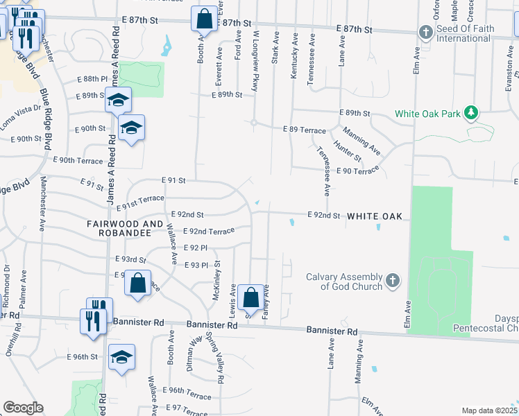 map of restaurants, bars, coffee shops, grocery stores, and more near 8802 East 92nd Street in Kansas City