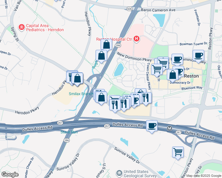 map of restaurants, bars, coffee shops, grocery stores, and more near 12200 Sunset Hills Road in Reston