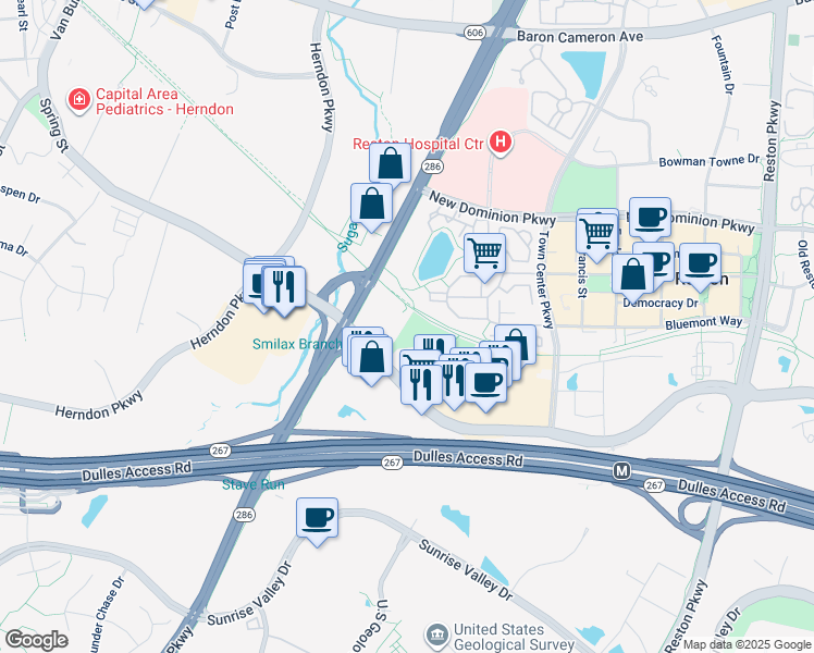 map of restaurants, bars, coffee shops, grocery stores, and more near 12200 Sunset Hills Road in Reston