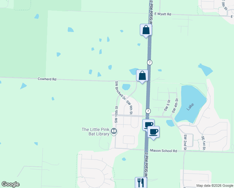 map of restaurants, bars, coffee shops, grocery stores, and more near 25803 Cowherd Road in Lee's Summit