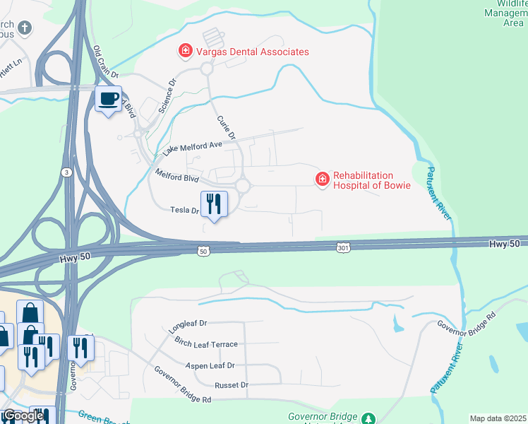 map of restaurants, bars, coffee shops, grocery stores, and more near 5061 Howerton Way in Bowie
