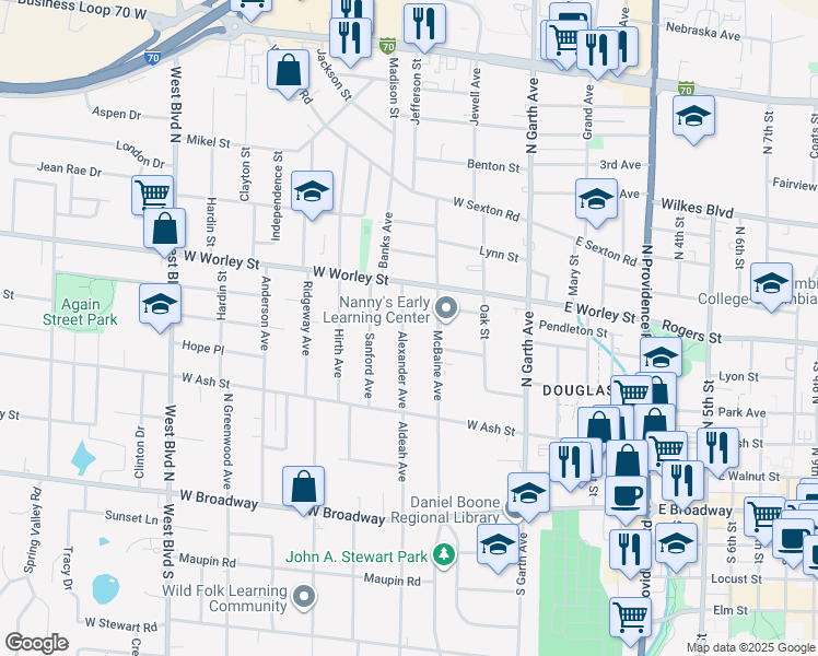 map of restaurants, bars, coffee shops, grocery stores, and more near 307 McBaine Avenue in Columbia