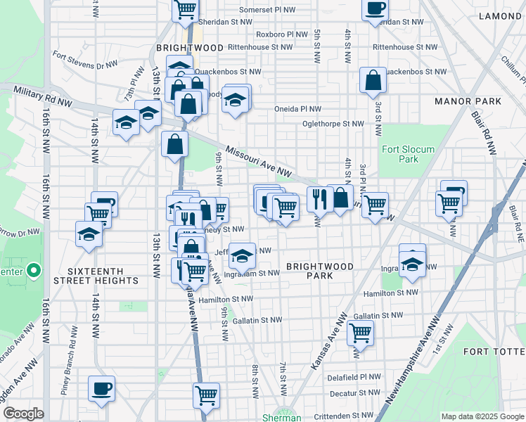 map of restaurants, bars, coffee shops, grocery stores, and more near 734 Longfellow Street Northwest in Washington