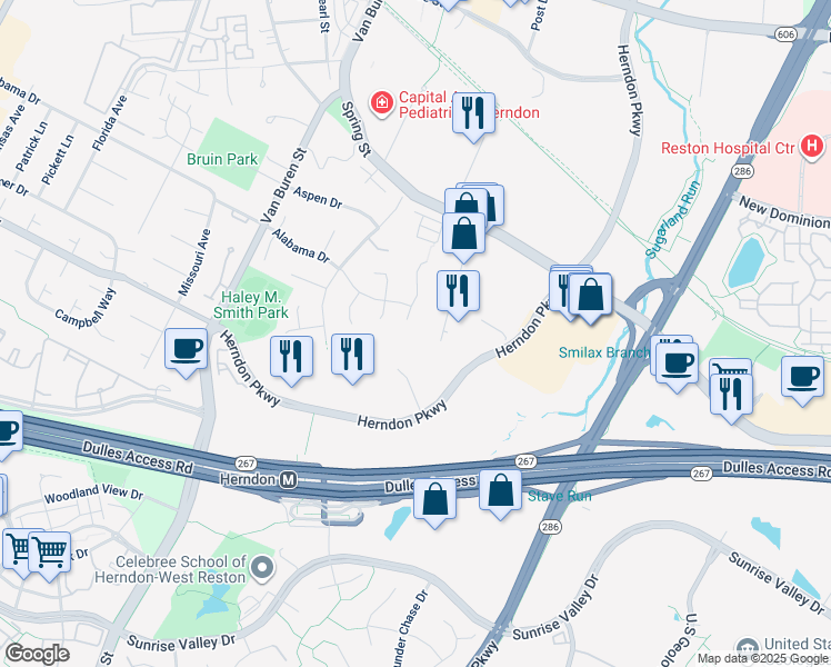 map of restaurants, bars, coffee shops, grocery stores, and more near 352 Sugarland Meadow Drive in Herndon