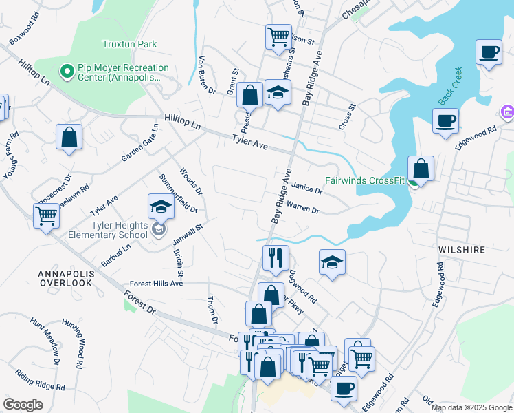 map of restaurants, bars, coffee shops, grocery stores, and more near 1016 Timber Creek Drive in Annapolis