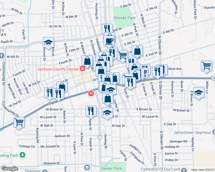 map of restaurants, bars, coffee shops, grocery stores, and more near 267 West Tipton Street in Seymour