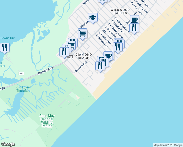 map of restaurants, bars, coffee shops, grocery stores, and more near 224 Ibis Lane in Wildwood Crest