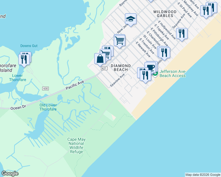 map of restaurants, bars, coffee shops, grocery stores, and more near 300 East Raleigh Avenue in Wildwood Crest