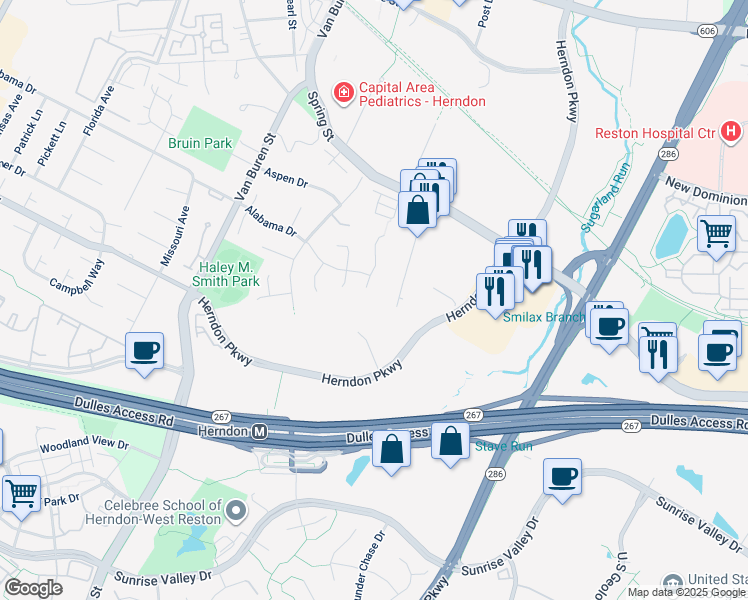 map of restaurants, bars, coffee shops, grocery stores, and more near 352 Sugarland Meadow Drive in Herndon
