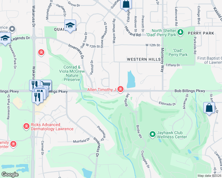 map of restaurants, bars, coffee shops, grocery stores, and more near 4309 Quail Pointe Terrace in Lawrence