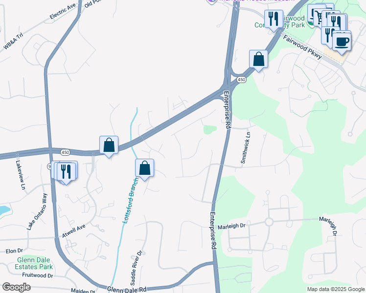 map of restaurants, bars, coffee shops, grocery stores, and more near 4905 Grid Street in Bowie