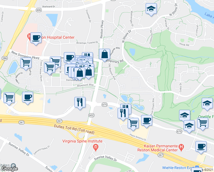 map of restaurants, bars, coffee shops, grocery stores, and more near 1855 Stratford Park Place in Reston