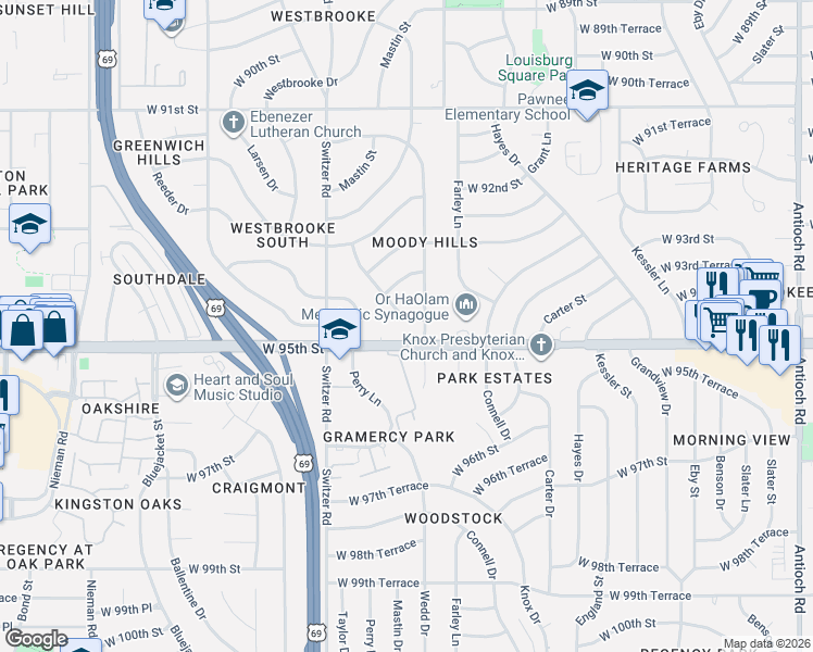 map of restaurants, bars, coffee shops, grocery stores, and more near 10011 West 95th Street in Overland Park