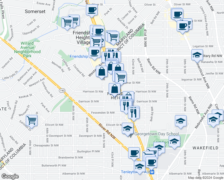 map of restaurants, bars, coffee shops, grocery stores, and more near 4319 Harrison Street Northwest in Washington