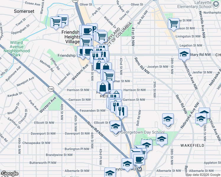 map of restaurants, bars, coffee shops, grocery stores, and more near 5201 Wisconsin Avenue Northwest in Washington