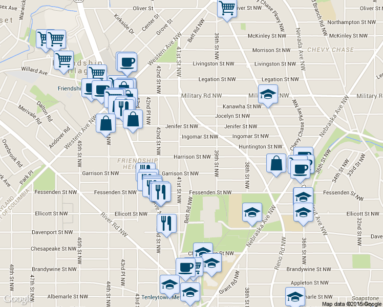 map of restaurants, bars, coffee shops, grocery stores, and more near 3951 Harrison Street Northwest in Washington