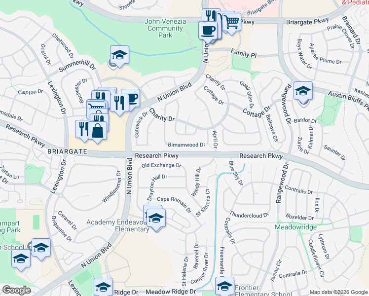map of restaurants, bars, coffee shops, grocery stores, and more near 8320 Old Exchange Drive in Colorado Springs