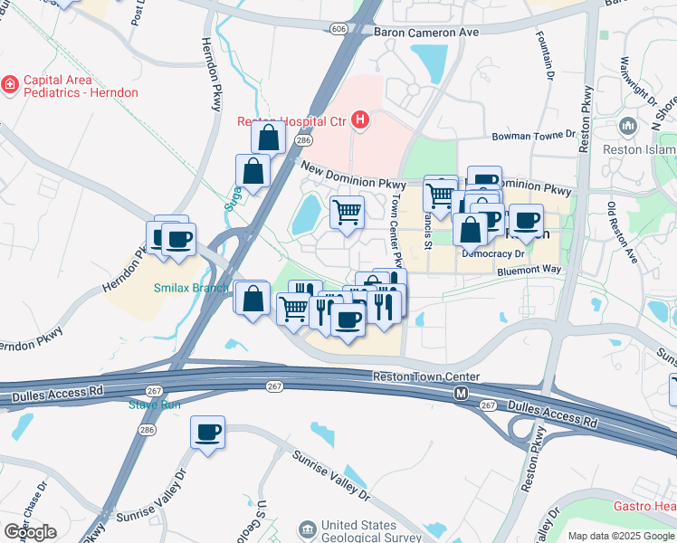 map of restaurants, bars, coffee shops, grocery stores, and more near 1989 Logan Manor Drive in Reston