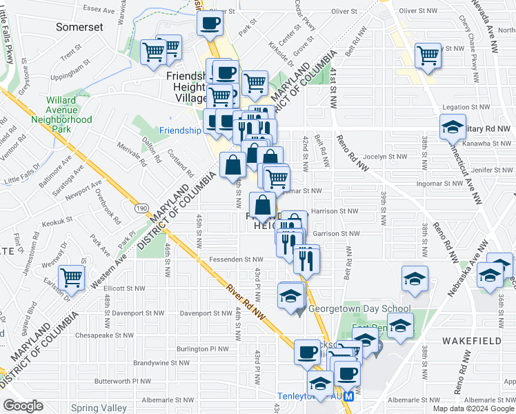 map of restaurants, bars, coffee shops, grocery stores, and more near 4319 Harrison Street Northwest in Washington